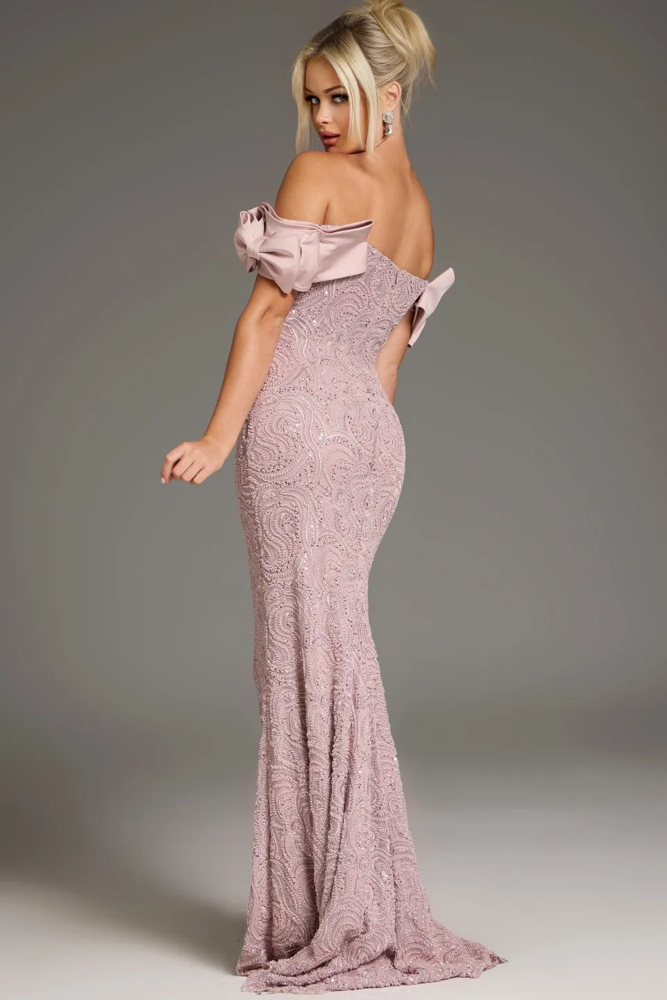 Jovani - 38112 - Beaded Pattern Sheath Gown with Cap Sleeves