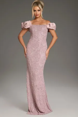 Jovani - 38112 - Beaded Pattern Sheath Gown with Cap Sleeves