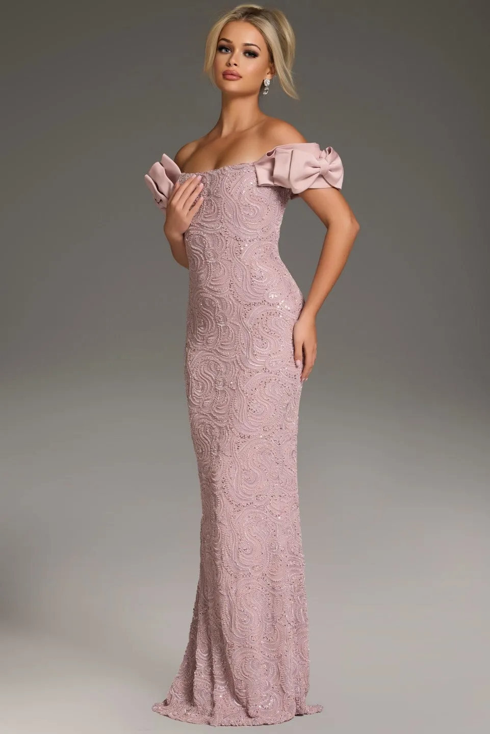 Jovani - 38112 - Beaded Pattern Sheath Gown with Cap Sleeves