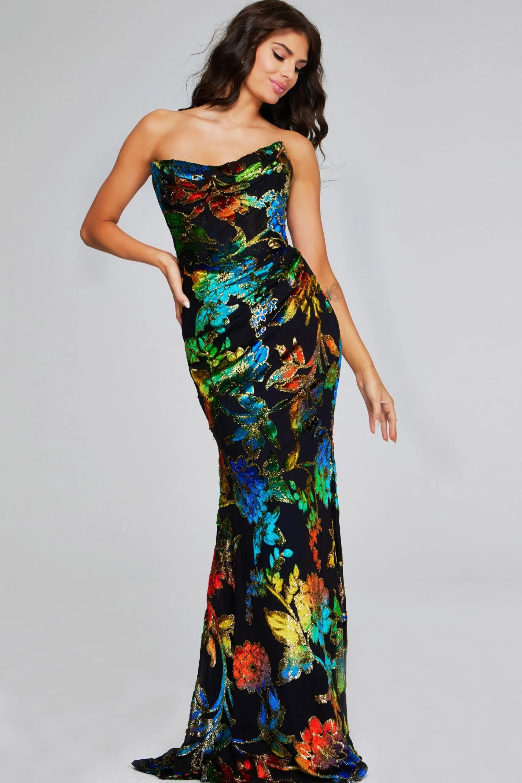 Jovani - 42164 - Strapless Floral Gown with Chiffon Fabric