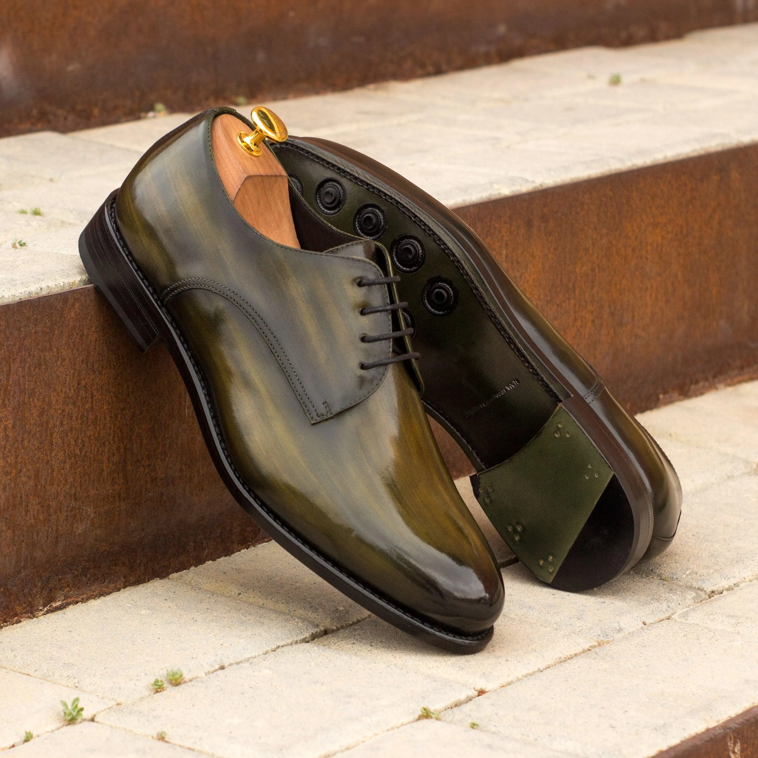 Khaki Green Patina Leather Derby Shoes