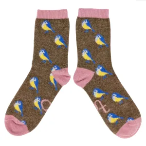Ladies Soft Brown Blue Tit Lambswool Ankle Socks