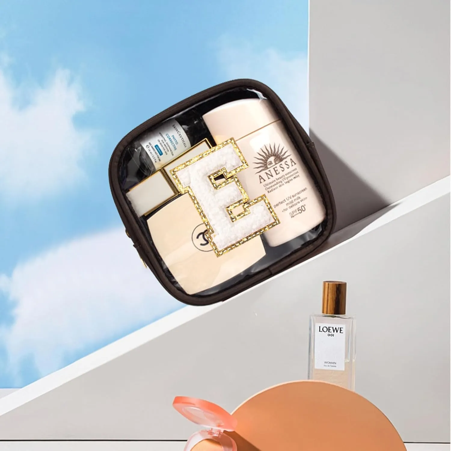 LETGO Initial Mini Makeup Bag | Make Up Bag Travel Toiletry Bag | Clear Makeup Bag | Preppy Cosmetic Bags Organizer Travel Essentials Gifts for Women Teen Girlfriend Teacher Brithday Gifts(Coffee, E)