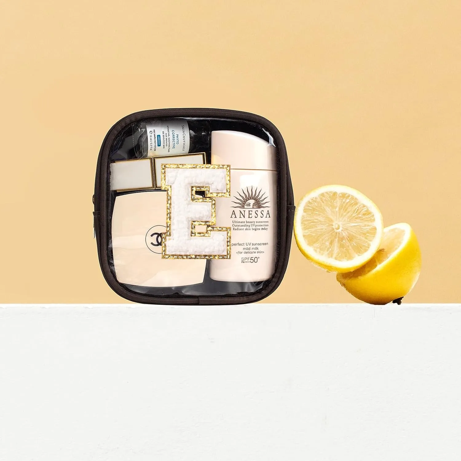 LETGO Initial Mini Makeup Bag | Make Up Bag Travel Toiletry Bag | Clear Makeup Bag | Preppy Cosmetic Bags Organizer Travel Essentials Gifts for Women Teen Girlfriend Teacher Brithday Gifts(Coffee, E)