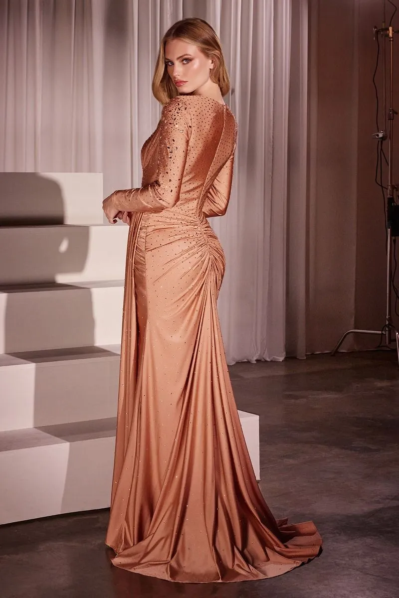LONG SLEEVE STRETCH SATIN EMBELLISHED GOWN CDCD788
