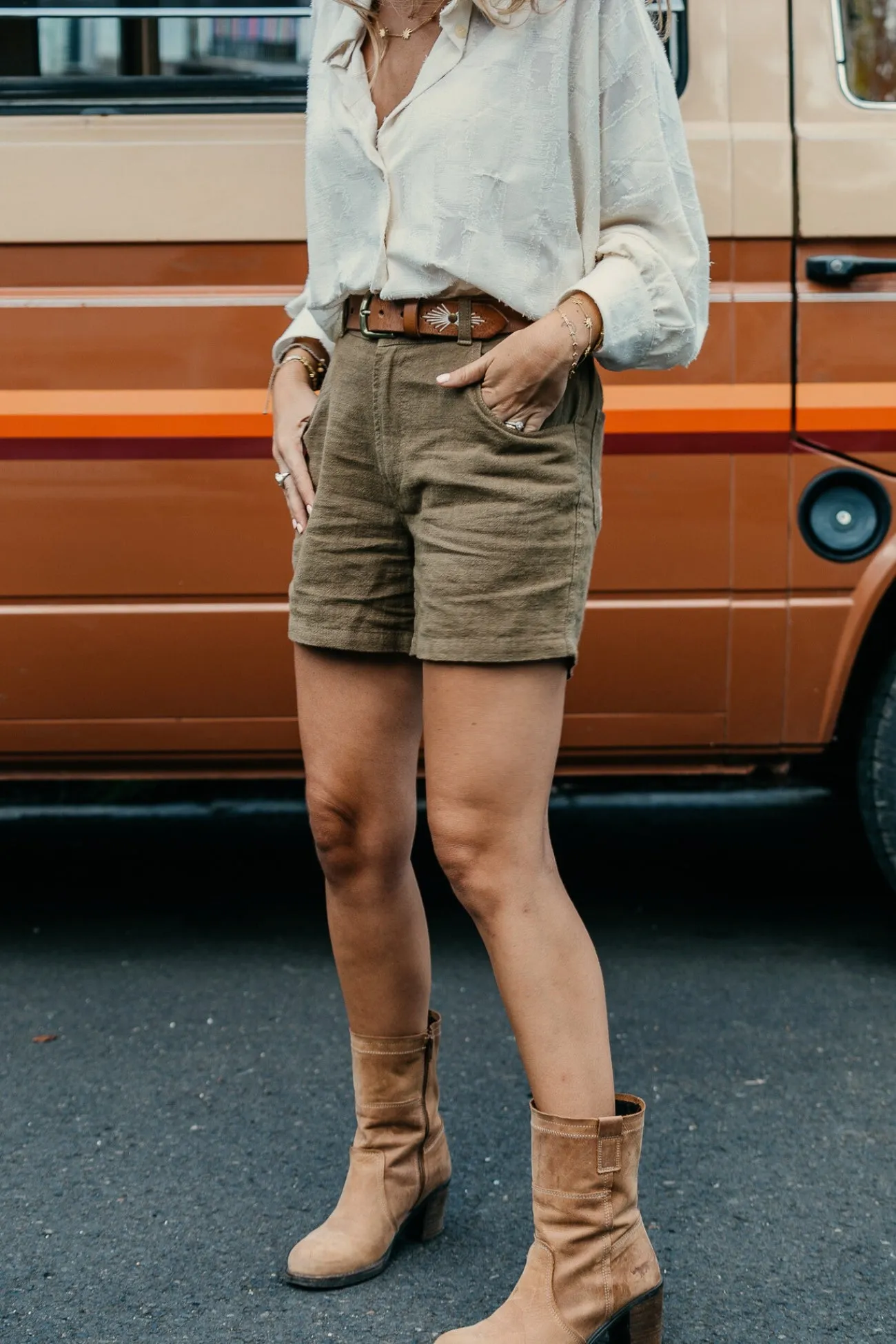 Miller Shorts - Unisex Textured Linen Shorts - Khaki Green