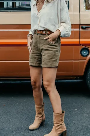 Miller Shorts - Unisex Textured Linen Shorts - Khaki Green