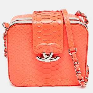 Neon Orange Quilted Python Mini CC Box Camera Bag