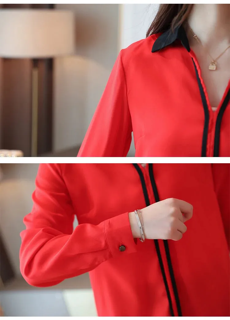 Office Chiffon Blouse with Long Sleeve and Turn Down Collar