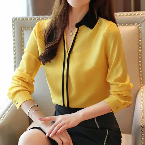 Office Chiffon Blouse with Long Sleeve and Turn Down Collar