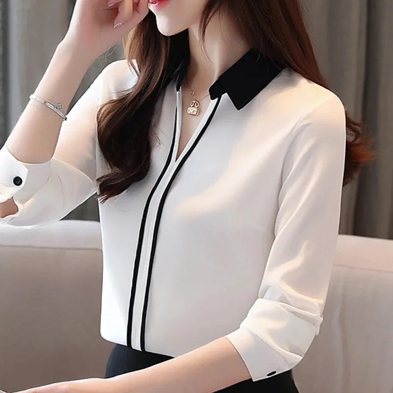 Office Chiffon Blouse with Long Sleeve and Turn Down Collar