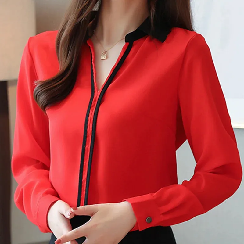 Office Chiffon Blouse with Long Sleeve and Turn Down Collar
