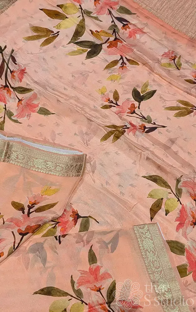 Peach semi chiffon saree with zari border