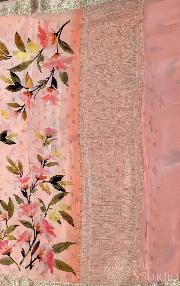 Peach semi chiffon saree with zari border