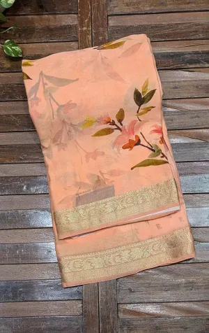 Peach semi chiffon saree with zari border