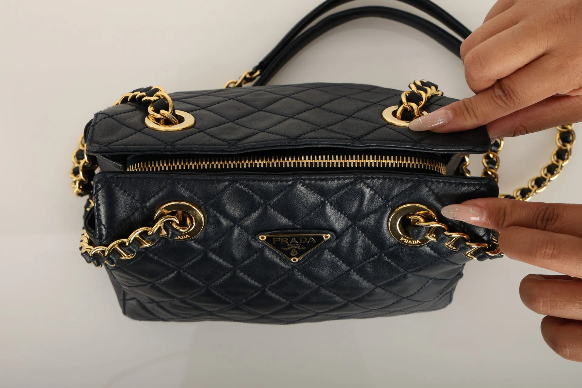 Prada Leather Navy Mini Chain Tote