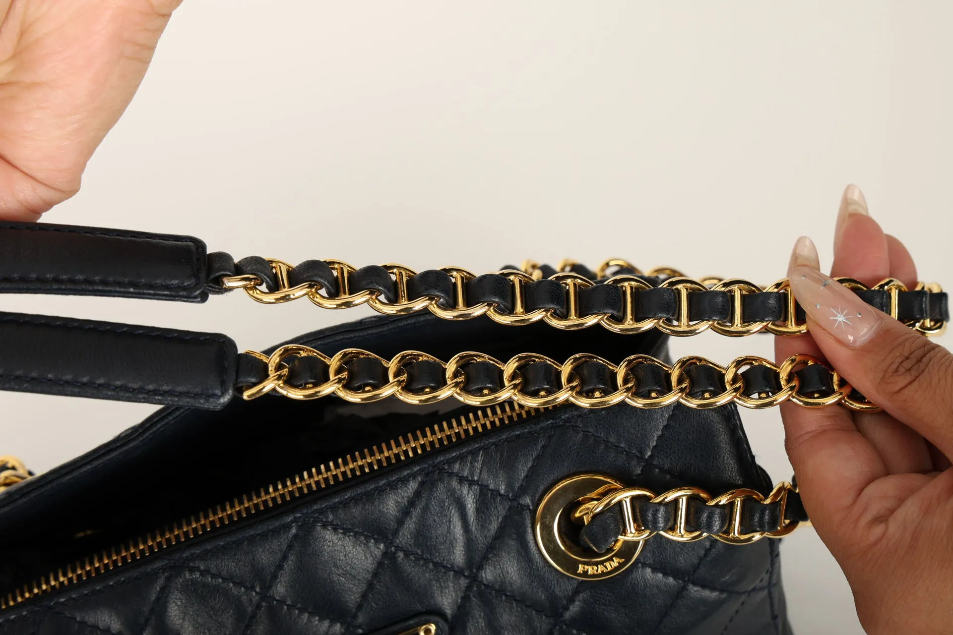 Prada Leather Navy Mini Chain Tote