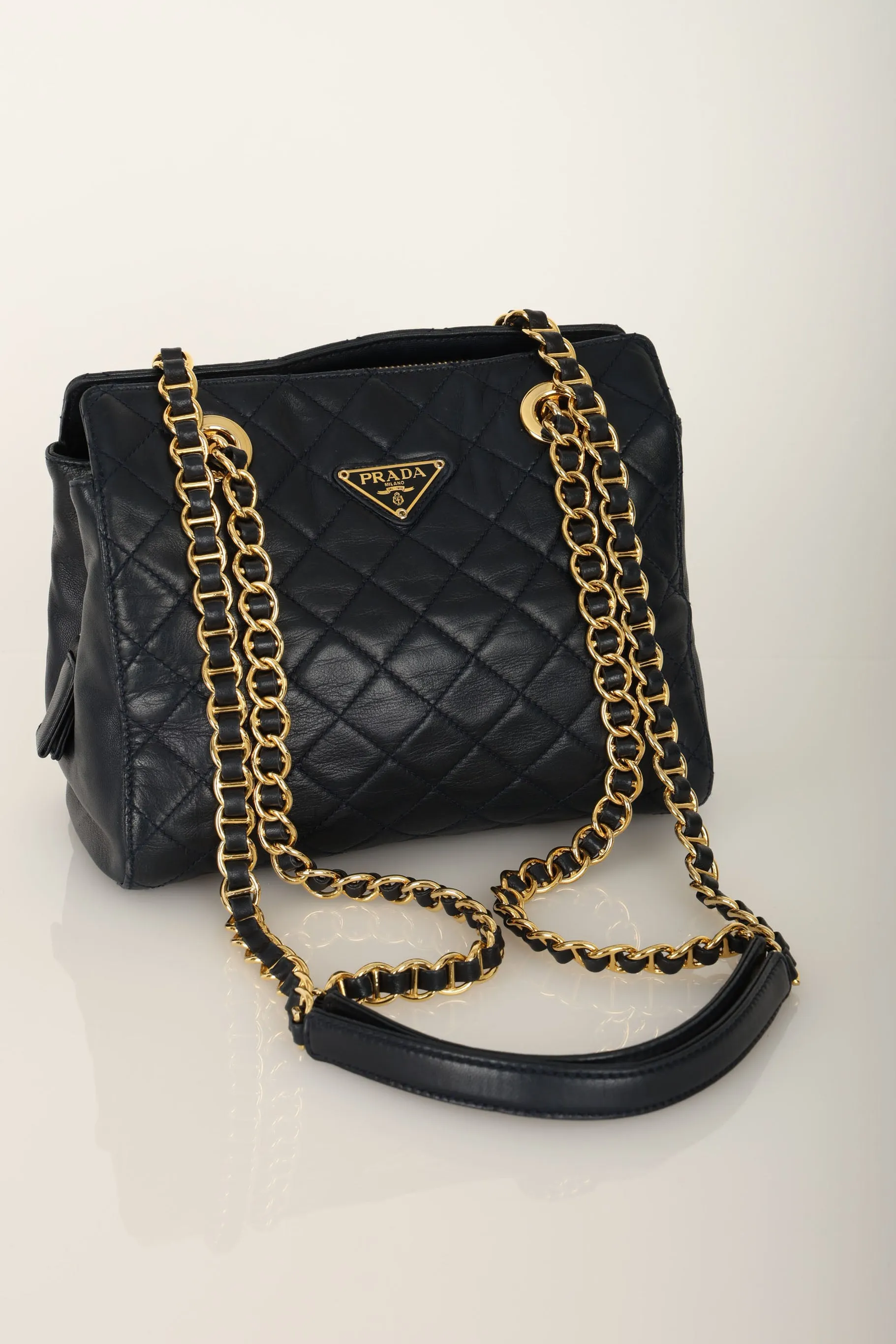Prada Leather Navy Mini Chain Tote