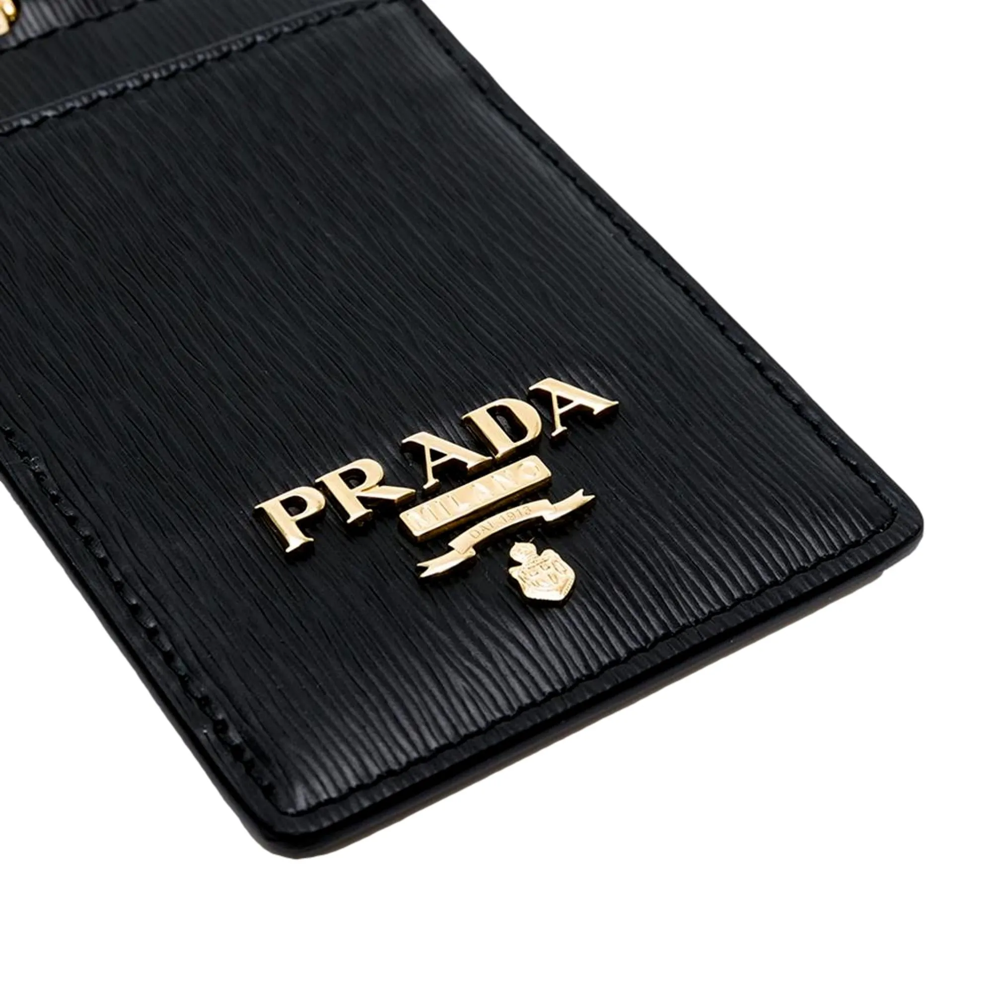 Prada Vitello Move Black Leather Logo Plaque Lanyard Cardholder Wallet