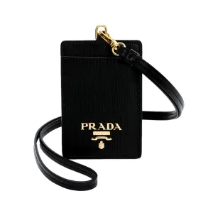 Prada Vitello Move Black Leather Logo Plaque Lanyard Cardholder Wallet