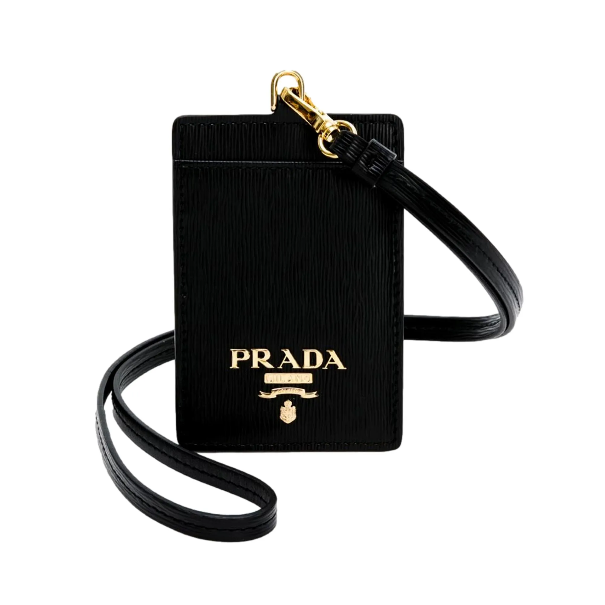 Prada Vitello Move Black Leather Logo Plaque Lanyard Cardholder Wallet