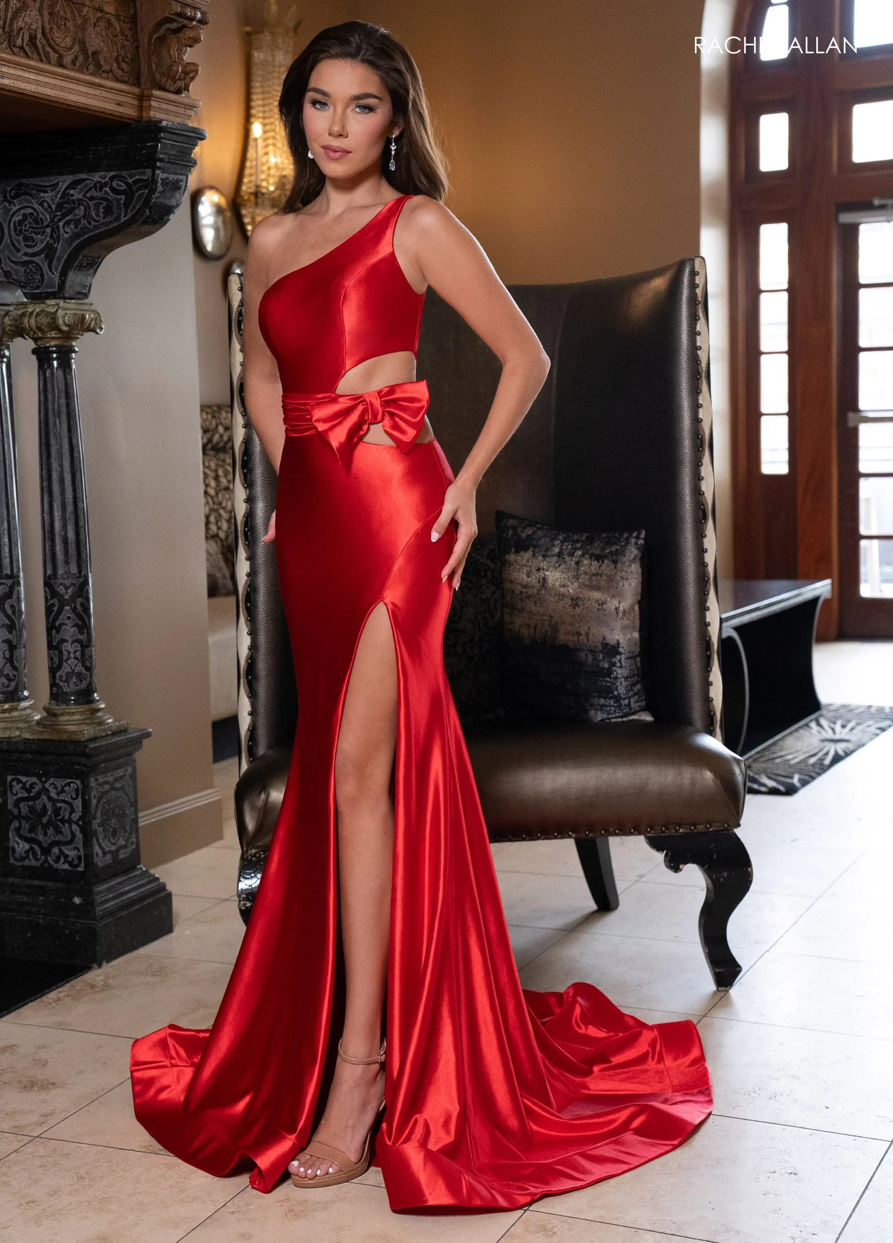Satin One Shoulder Slit Gown by Rachel Allan 70736