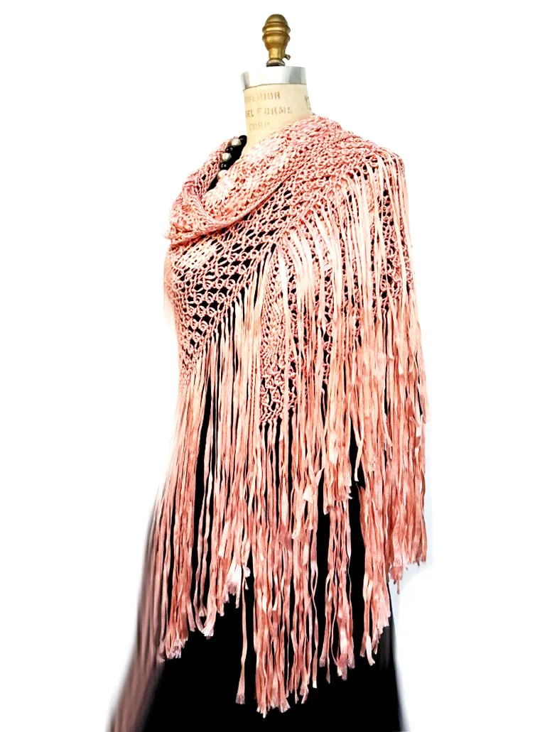 Silk Macrame Triangle Shawl Pink