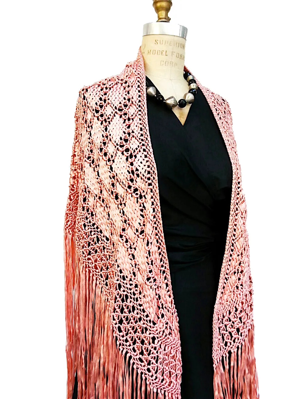 Silk Macrame Triangle Shawl Pink