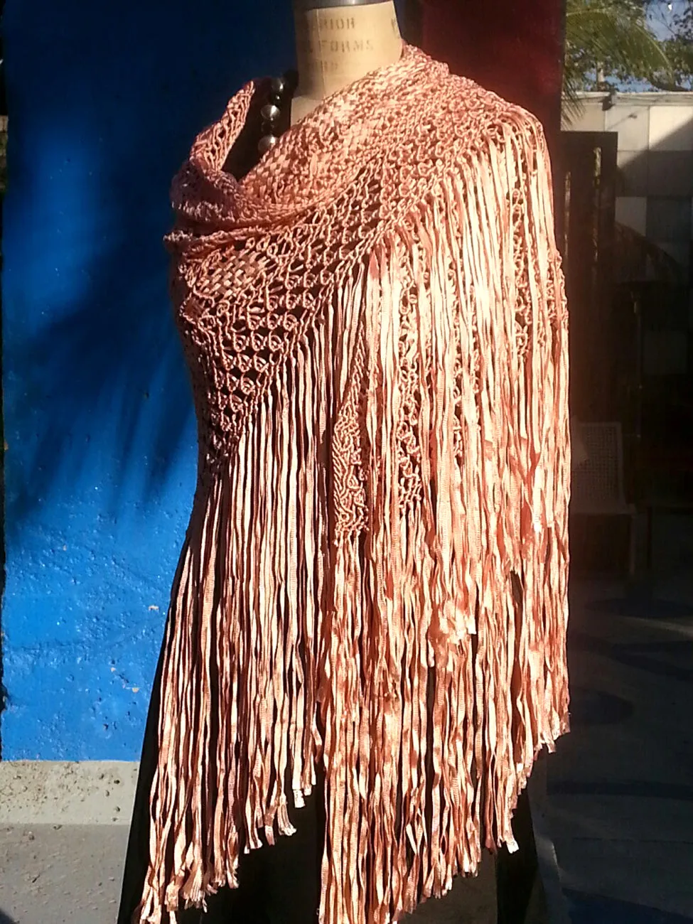 Silk Macrame Triangle Shawl Pink