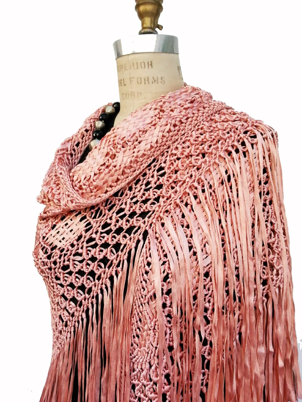 Silk Macrame Triangle Shawl Pink