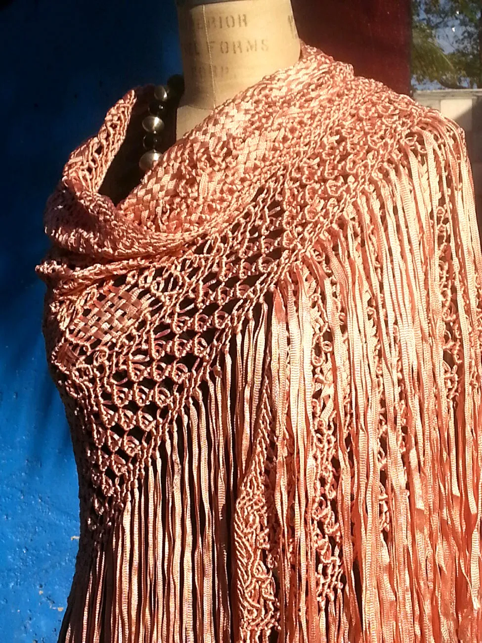 Silk Macrame Triangle Shawl Pink