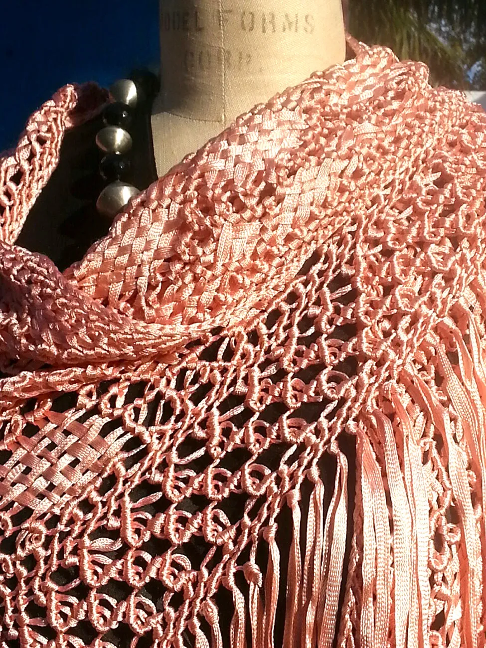 Silk Macrame Triangle Shawl Pink
