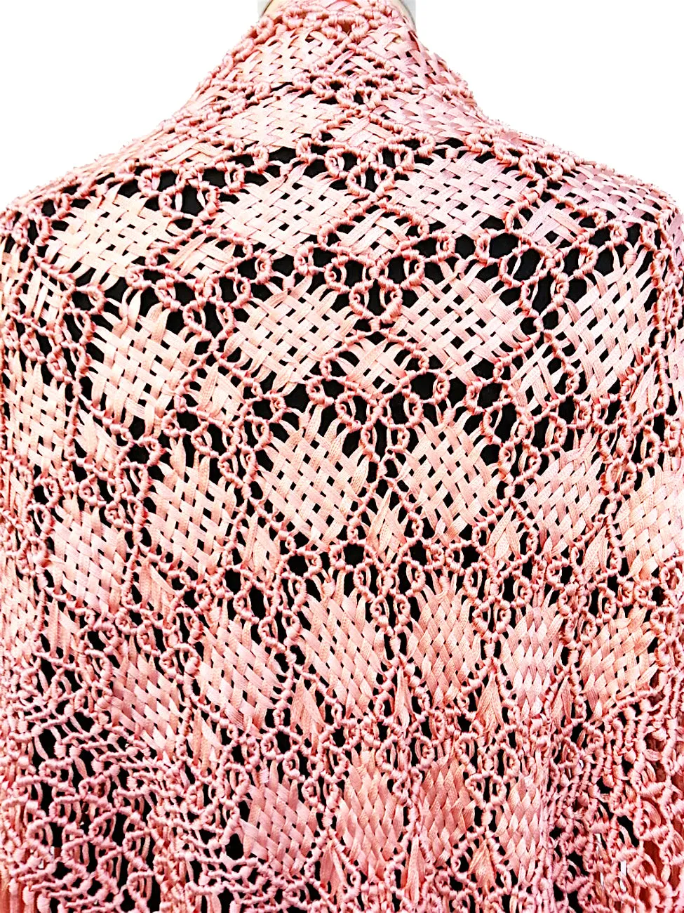 Silk Macrame Triangle Shawl Pink