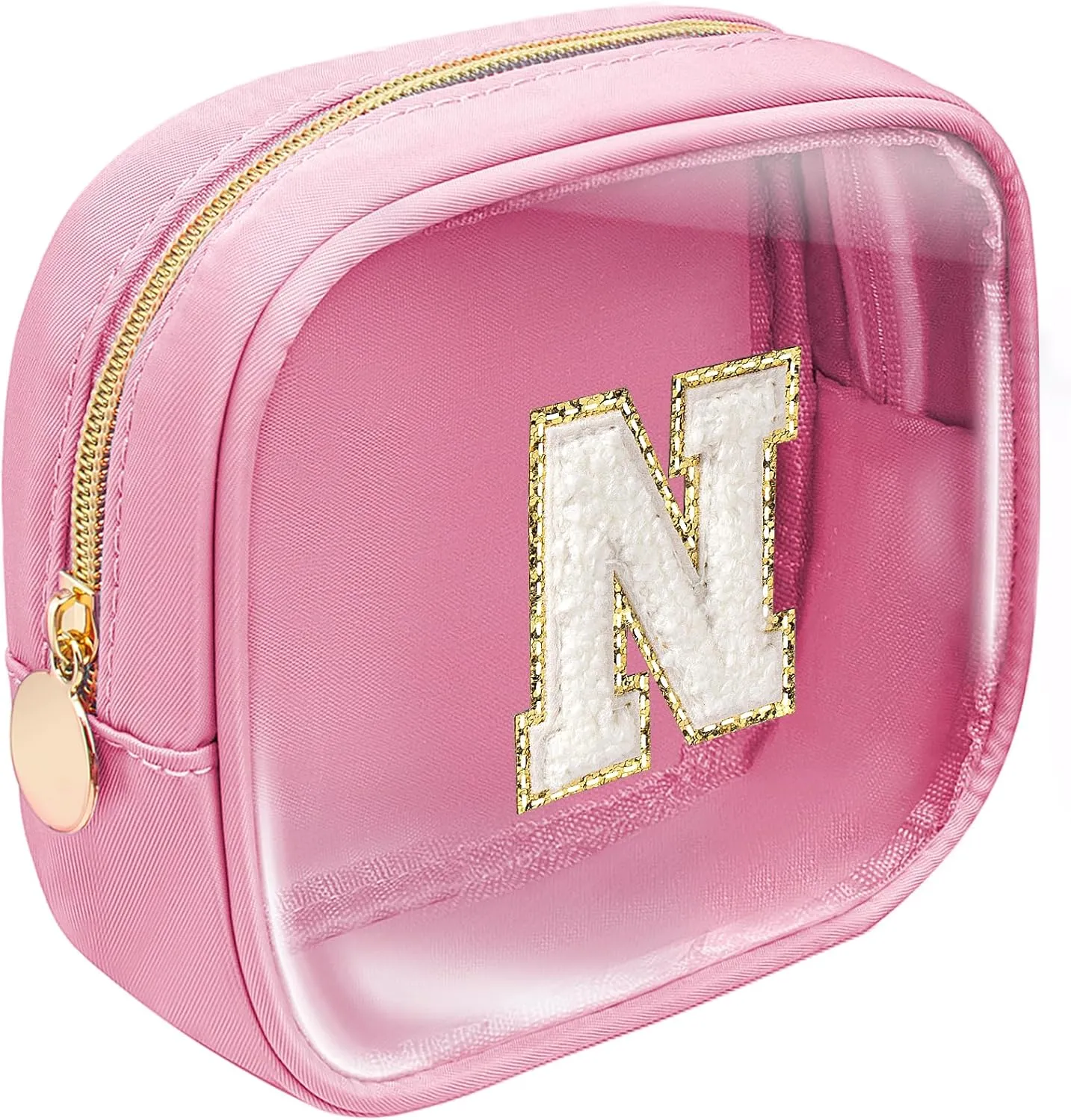 Small Personalized Initial Letter Clear Makeup Bag, Nylon Preppy Patch Makeup Bag Chenille Letter A-Z TSA Approved Travel Toiletry Bag Cute Zipper Pouch Purse for Women Men (Pink, N)