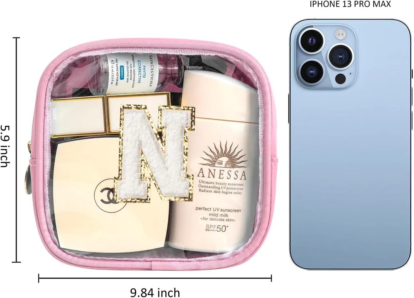 Small Personalized Initial Letter Clear Makeup Bag, Nylon Preppy Patch Makeup Bag Chenille Letter A-Z TSA Approved Travel Toiletry Bag Cute Zipper Pouch Purse for Women Men (Pink, N)