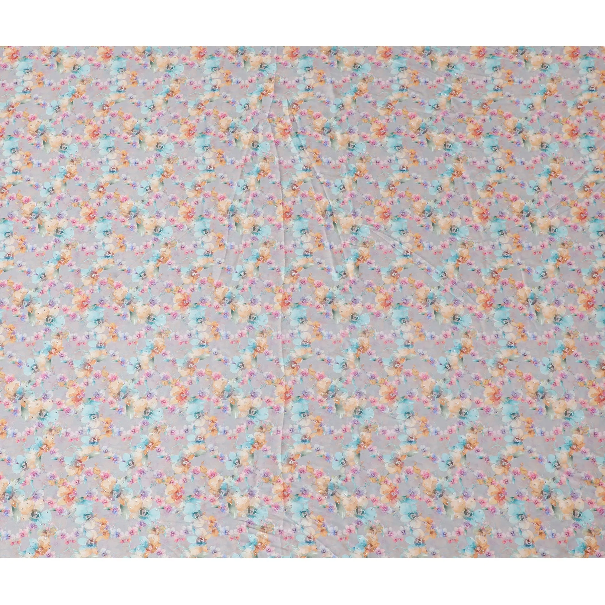 Synthetic Modal Satin Fabric with Stone Work, Pastel Floral Design, Light Grey, 110 cm Width-20030