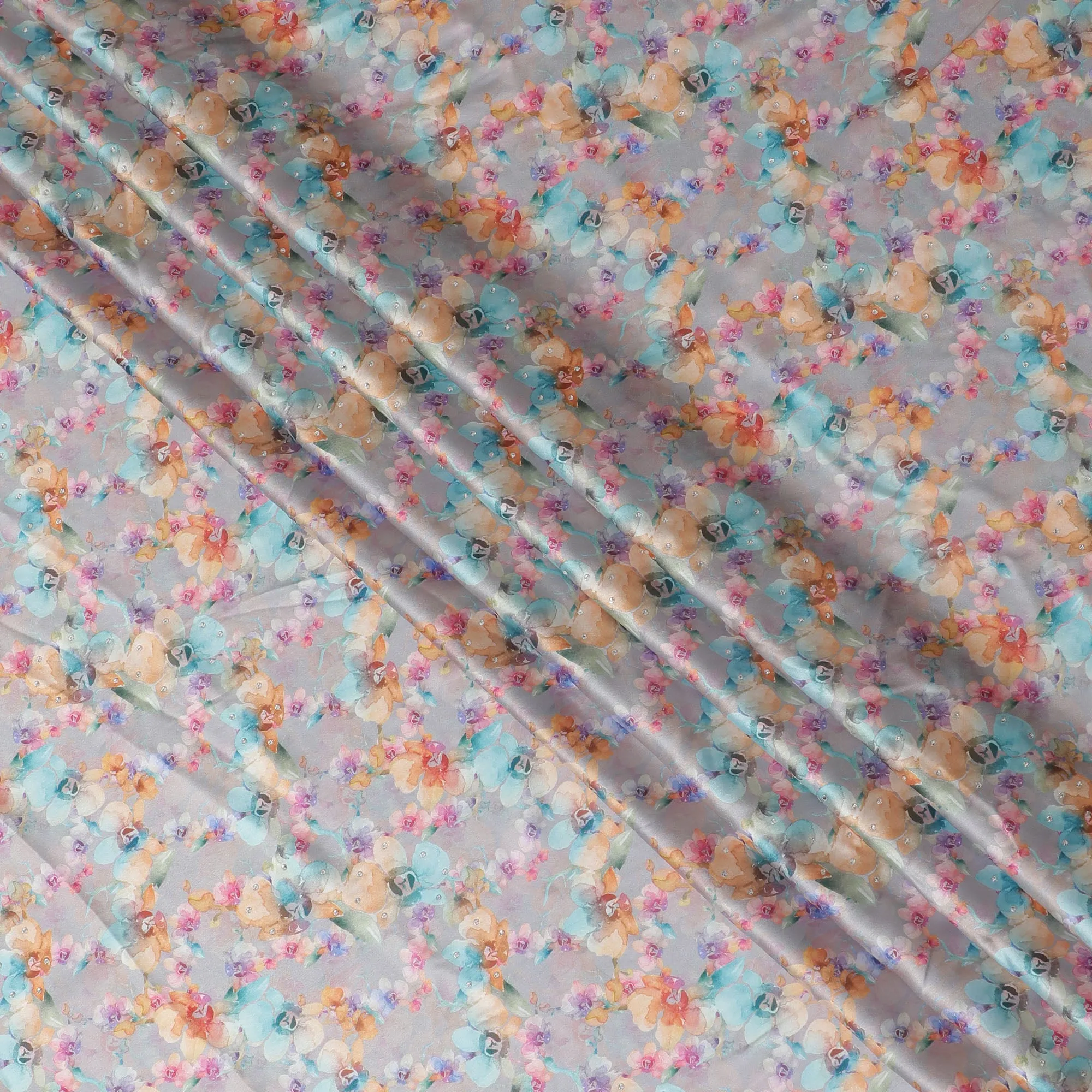 Synthetic Modal Satin Fabric with Stone Work, Pastel Floral Design, Light Grey, 110 cm Width-20030