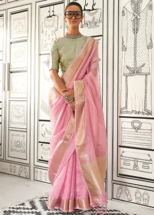 Taffy Pink Chiffon Saree Having Handloom Weaving Border & All Over Zari Lining : Top Pick