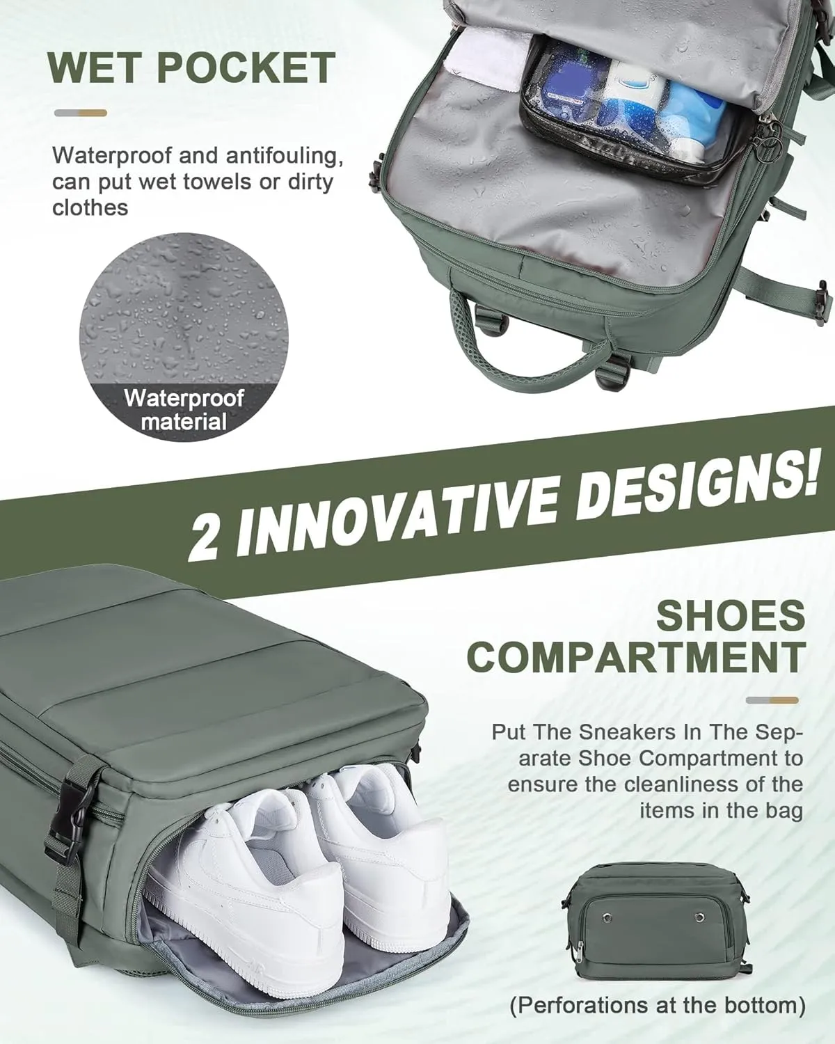 Travel Backpack For Women Men Carry On Backpack Flight Approved Gym Bag With Shoe Compartment Hiking Waterproof Laptop Backpack College Essentials Olive Green