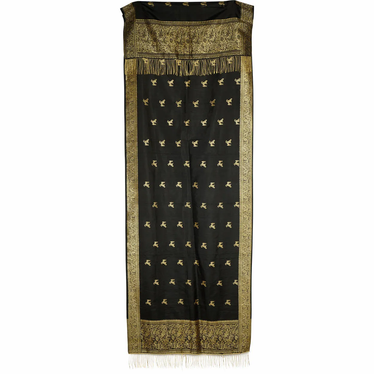 Vintage Indian Black Silk Shawl Woven With Gold Formal Sari Scarf Mundai