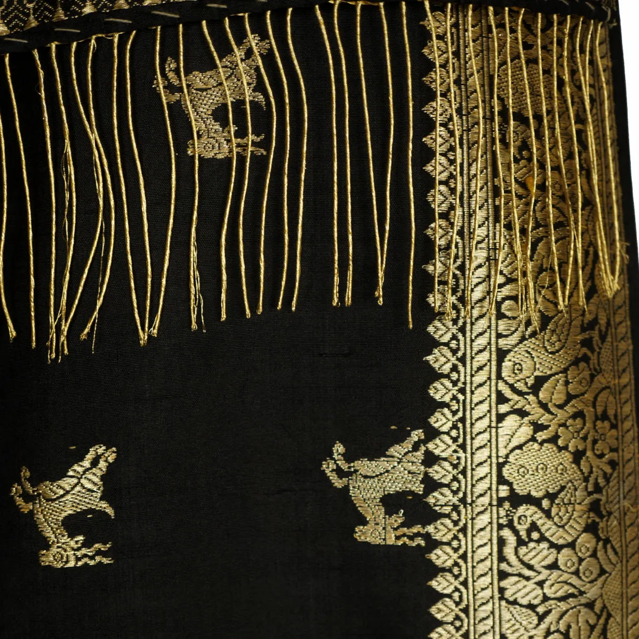 Vintage Indian Black Silk Shawl Woven With Gold Formal Sari Scarf Mundai