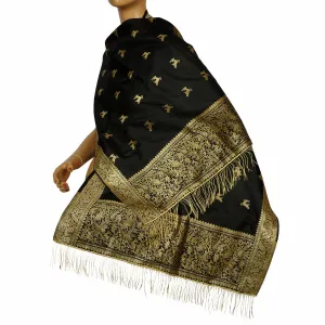 Vintage Indian Black Silk Shawl Woven With Gold Formal Sari Scarf Mundai