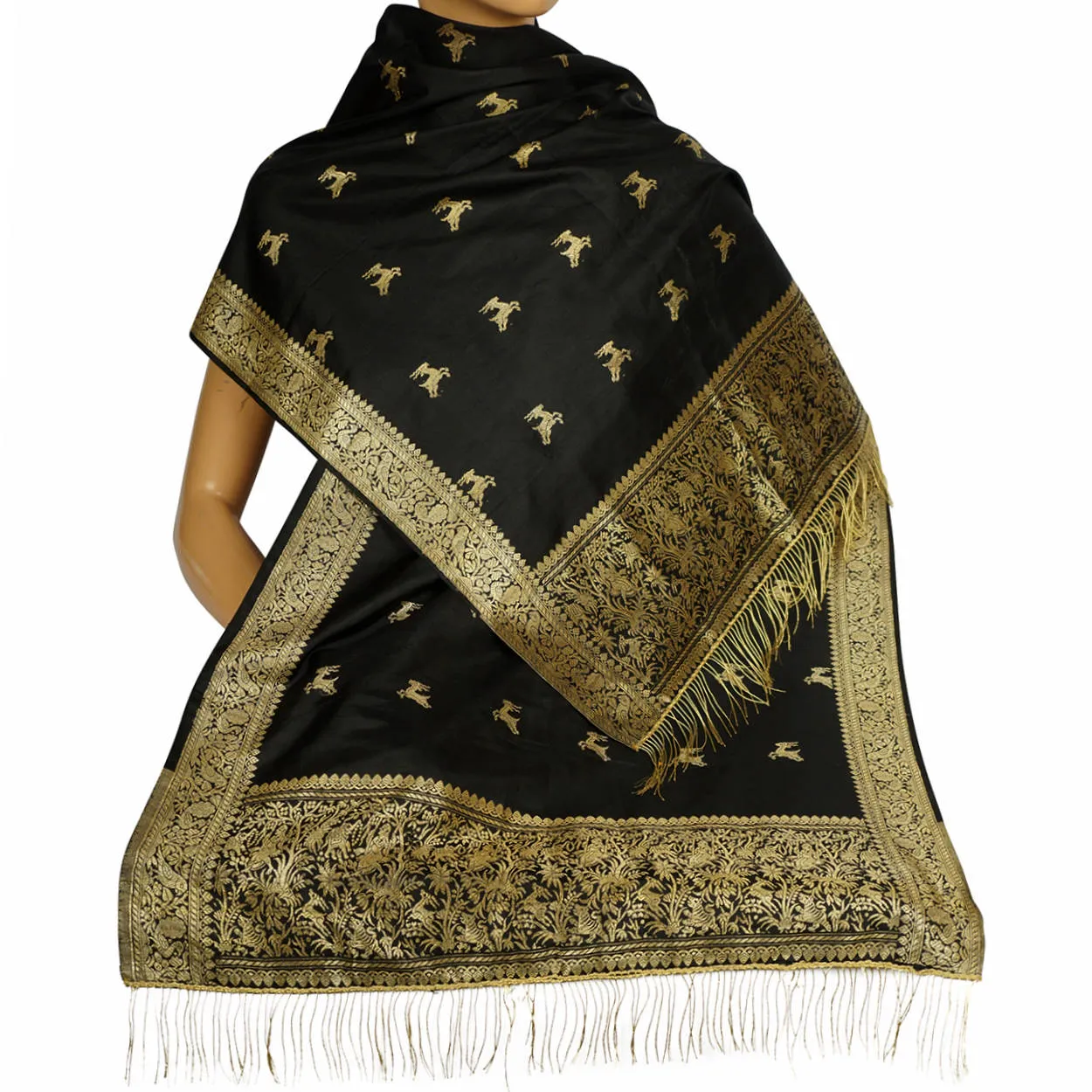 Vintage Indian Black Silk Shawl Woven With Gold Formal Sari Scarf Mundai