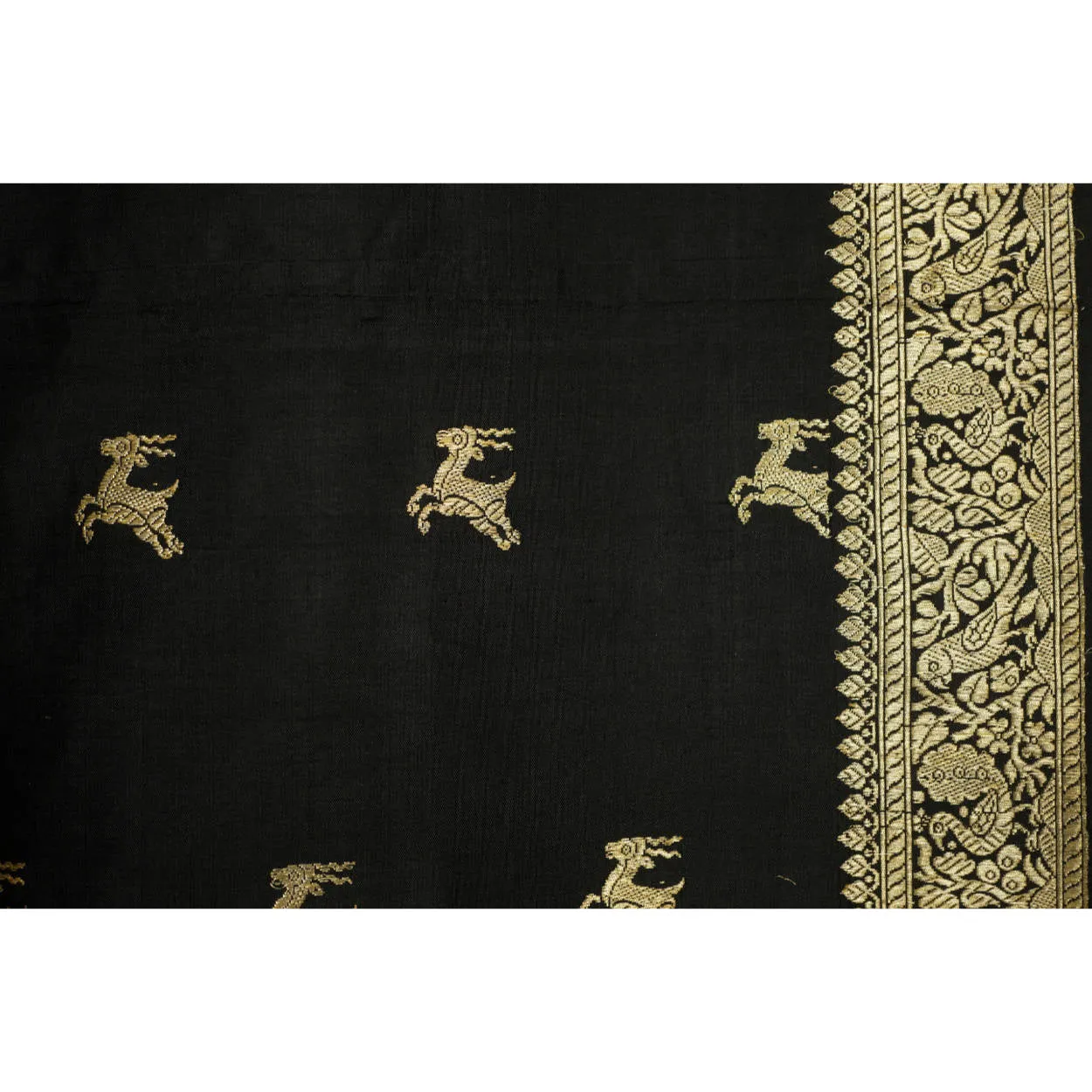 Vintage Indian Black Silk Shawl Woven With Gold Formal Sari Scarf Mundai