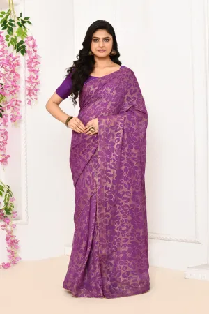 Violet Chiffon Tissue Saree With Golden Self Print