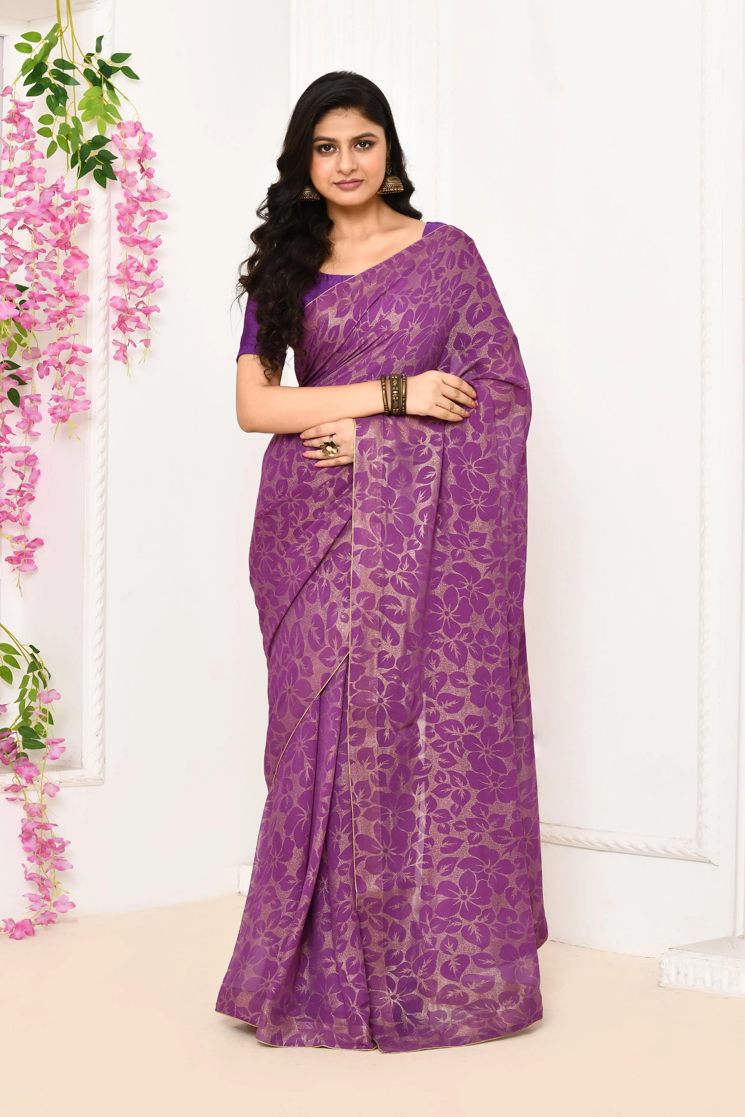 Violet Chiffon Tissue Saree With Golden Self Print