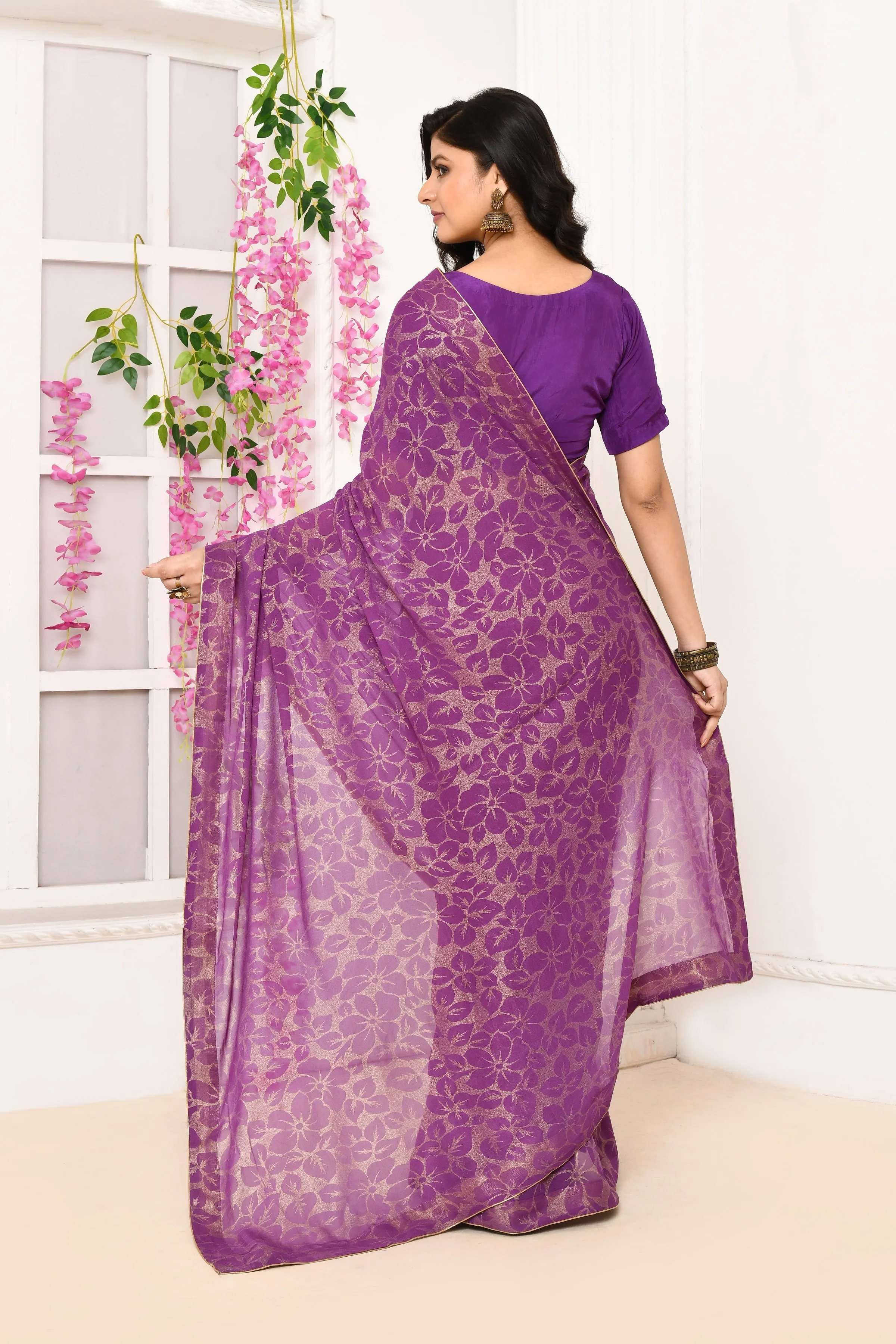 Violet Chiffon Tissue Saree With Golden Self Print
