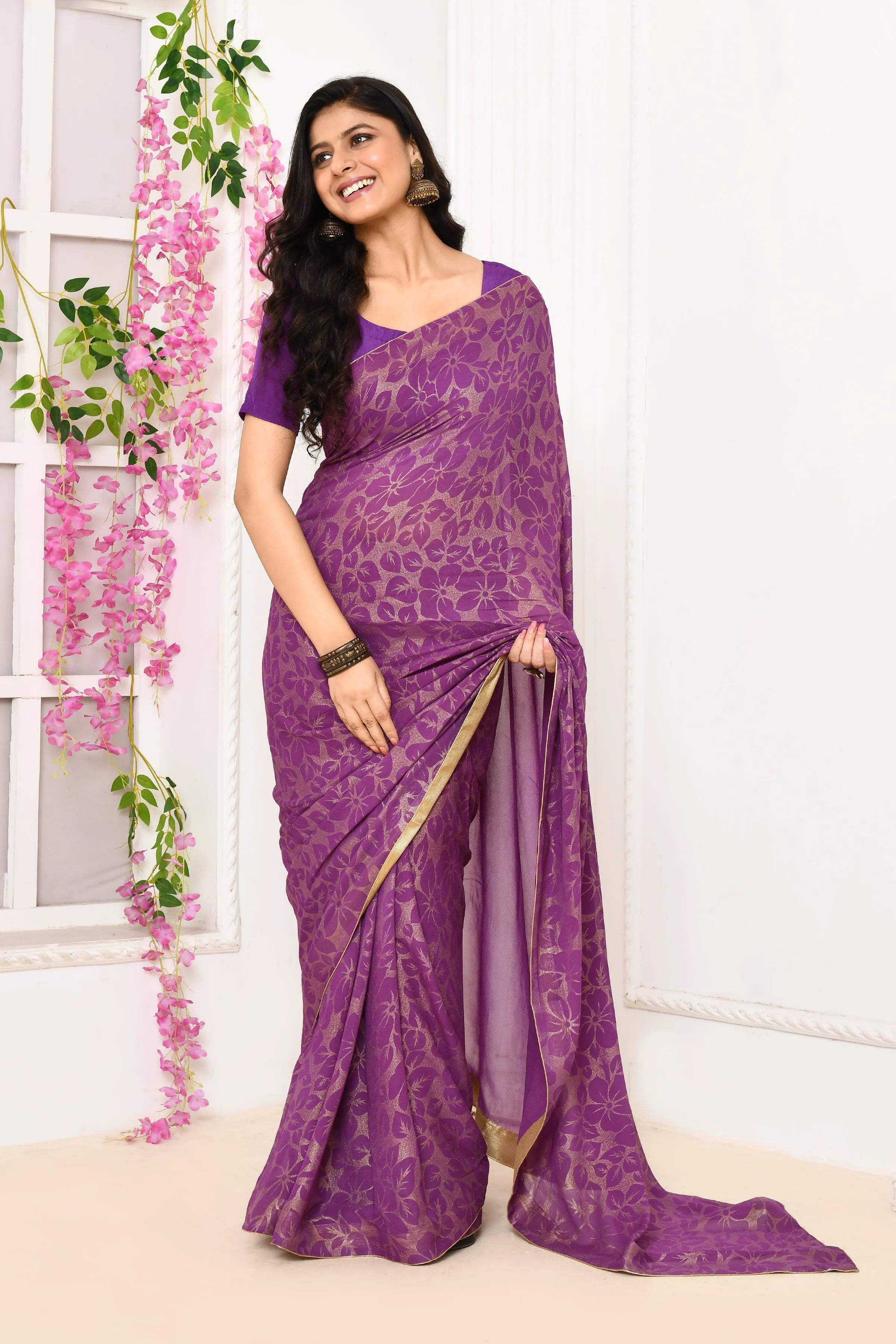 Violet Chiffon Tissue Saree With Golden Self Print