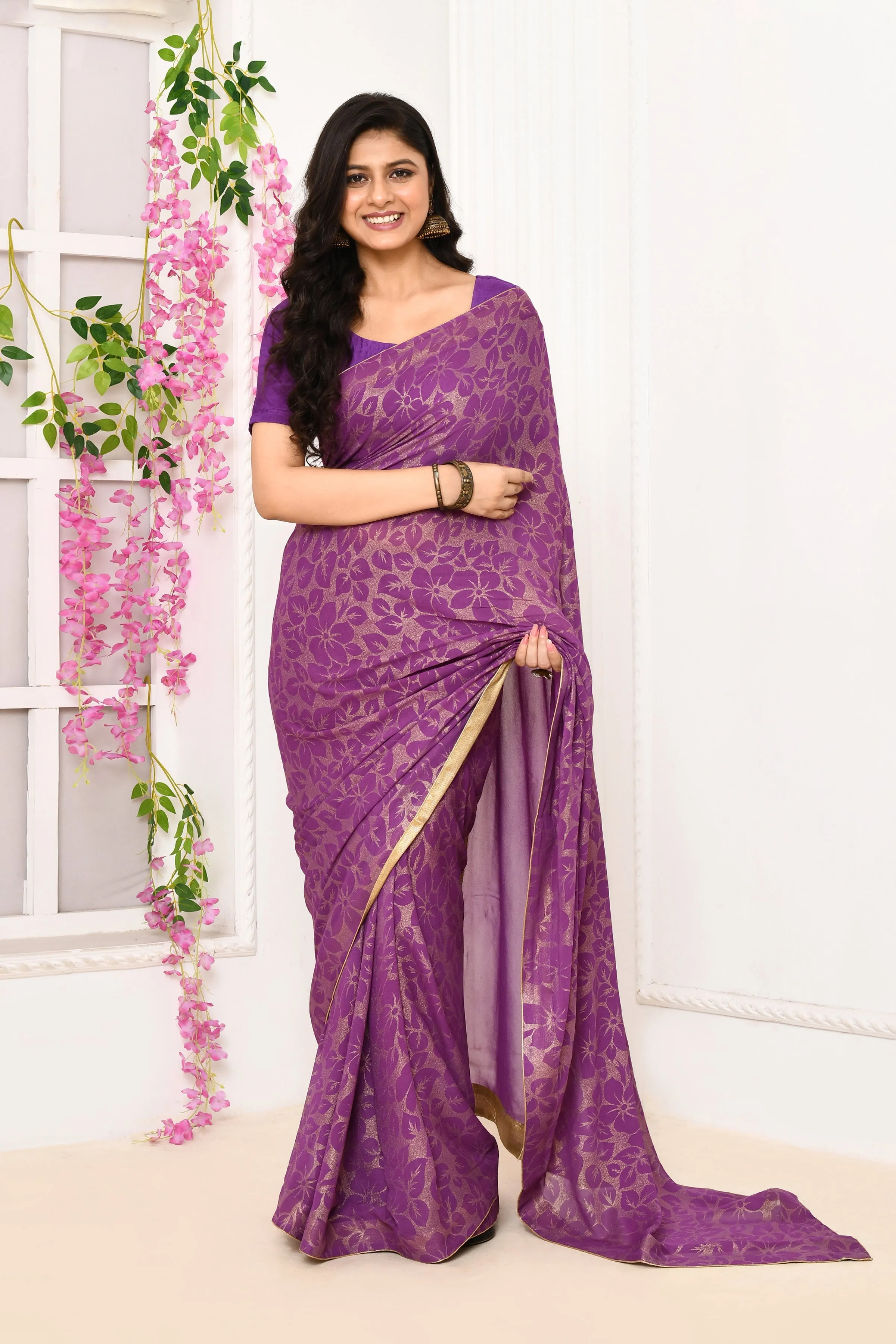 Violet Chiffon Tissue Saree With Golden Self Print