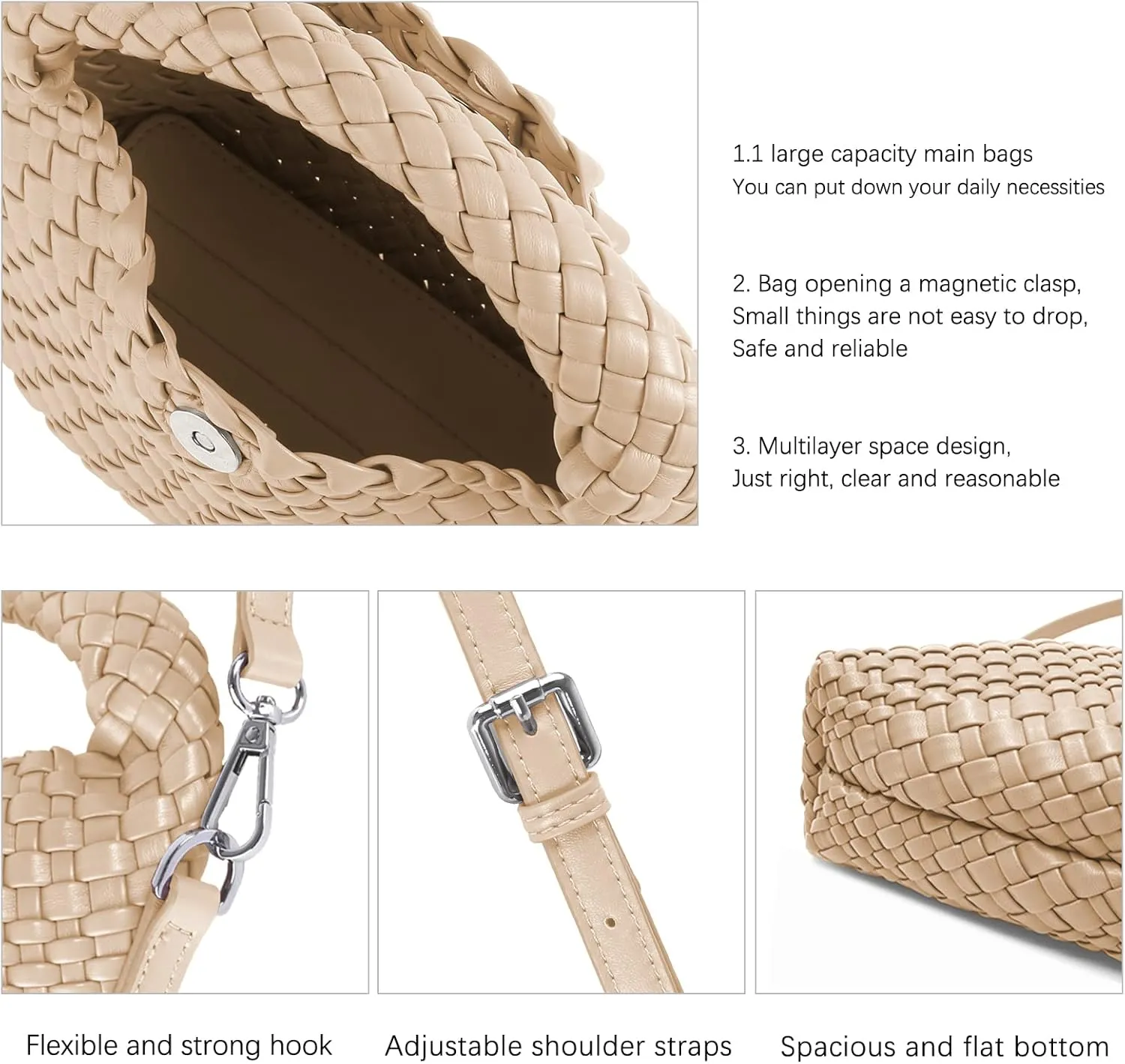 Woven Crossbody Bag Small Tote Cute Purse for Women,Top Handle Handbag Pu Leather Shoulderbag with Detachable Strap